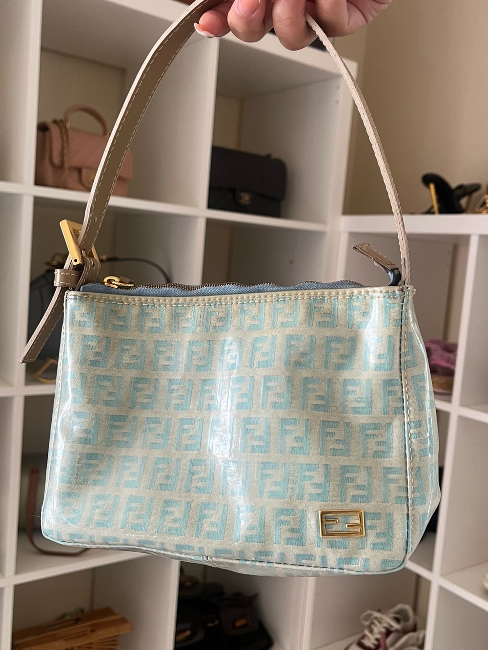 Fendi Light Blue and Cream Logo Shoulder Bag